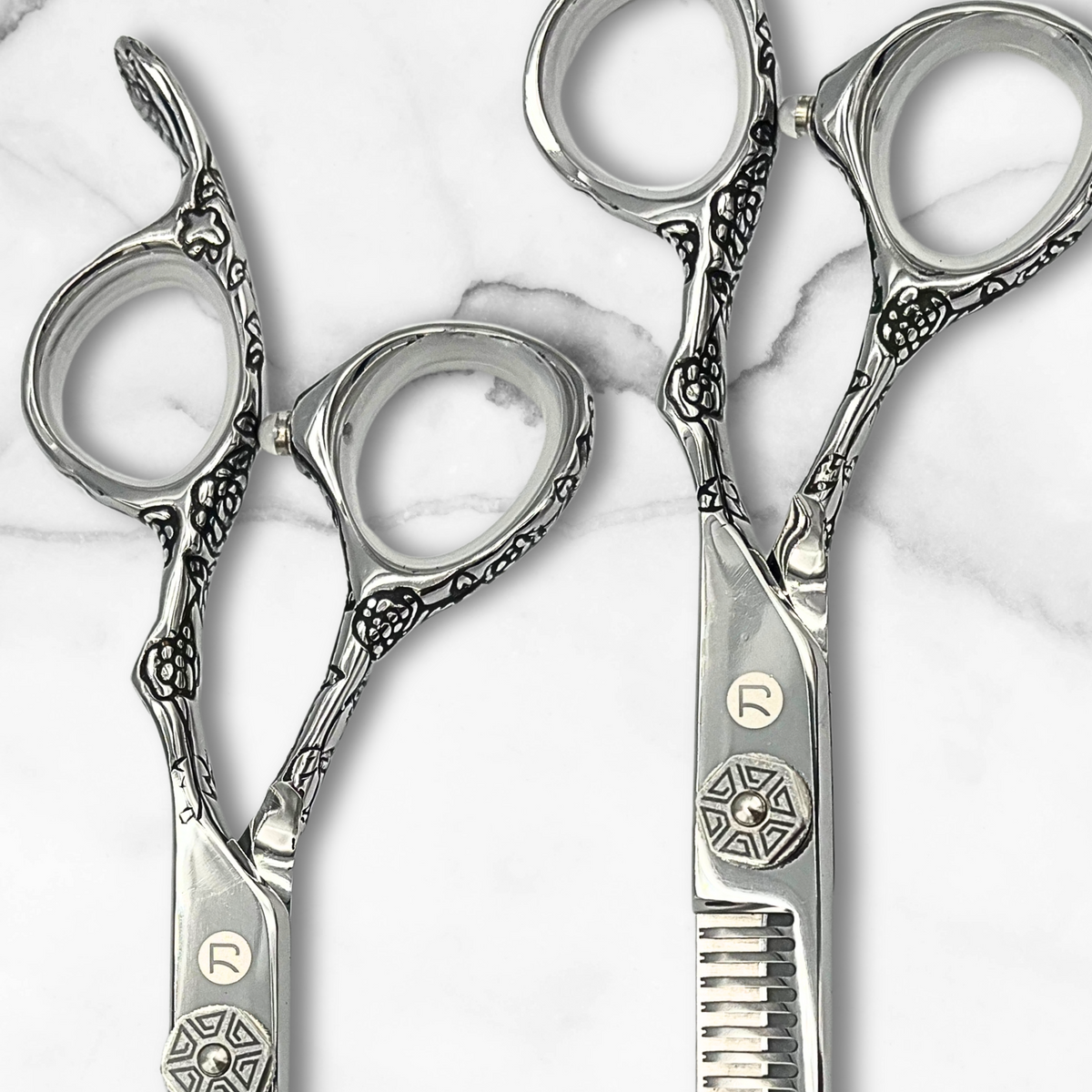 Saki Shears Kohana Engraved Steel Hair Shears Set (Hair Cutting and Thinning Shears) - Return